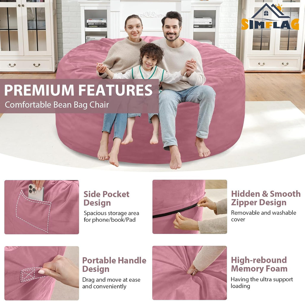 5FT Bean Bag Chair, Large Bean Bag Chairs with Memory Foam Filled, Fluffy Beanbag Sofa with Dutch Velvet Cover, Round BeanBag Chairs for Living Room, Playroom - Dusty Pink
