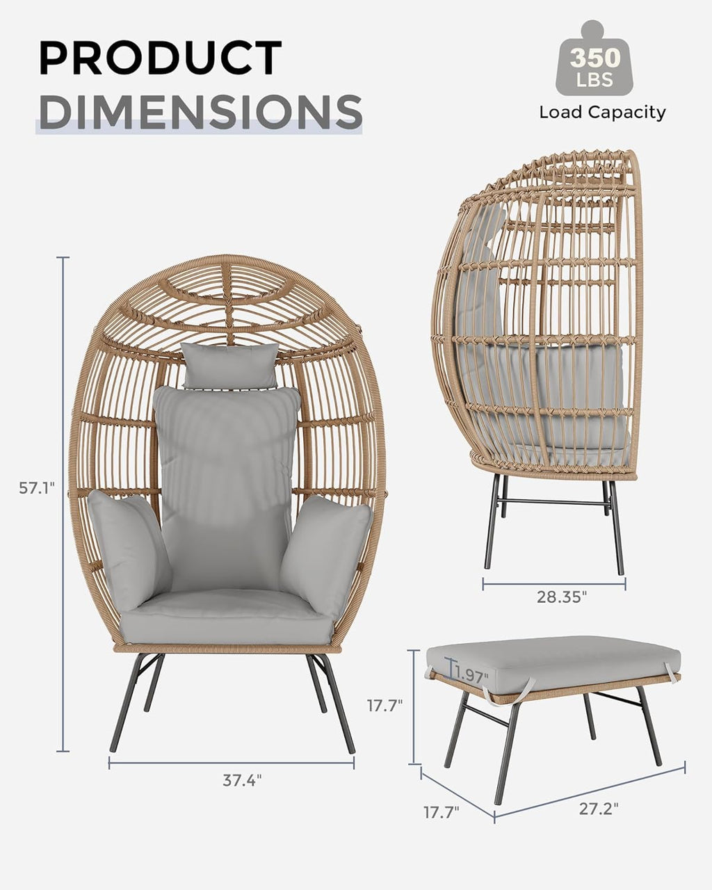Wicker Egg Chair with Ottoman, Oversized Egg Shaped Lounge Chair with Thick Cushion, Comfy Rattan Seat for Indoor Outdoor Patio Porch Backyard, Grey