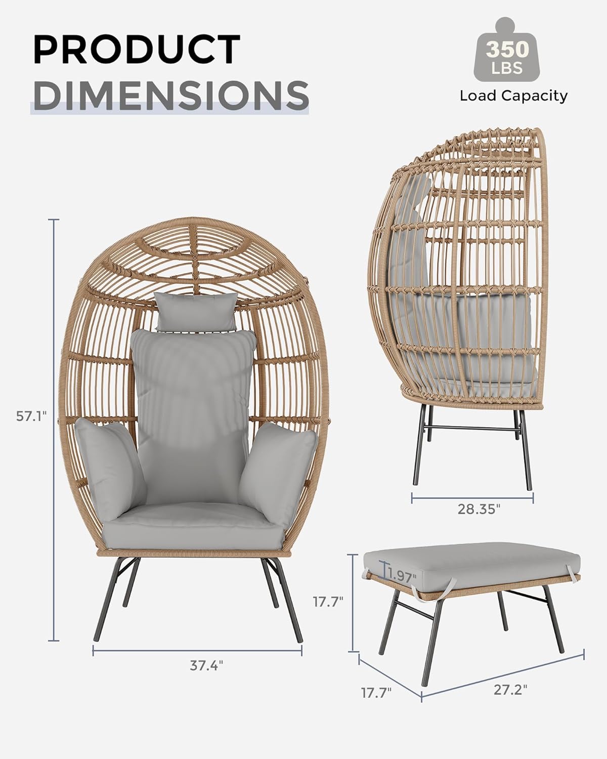 Wicker Egg Chair with Ottoman, Oversized Egg Shaped Lounge Chair with Thick Cushion, Comfy Rattan Seat for Indoor Outdoor Patio Porch Backyard, Grey
