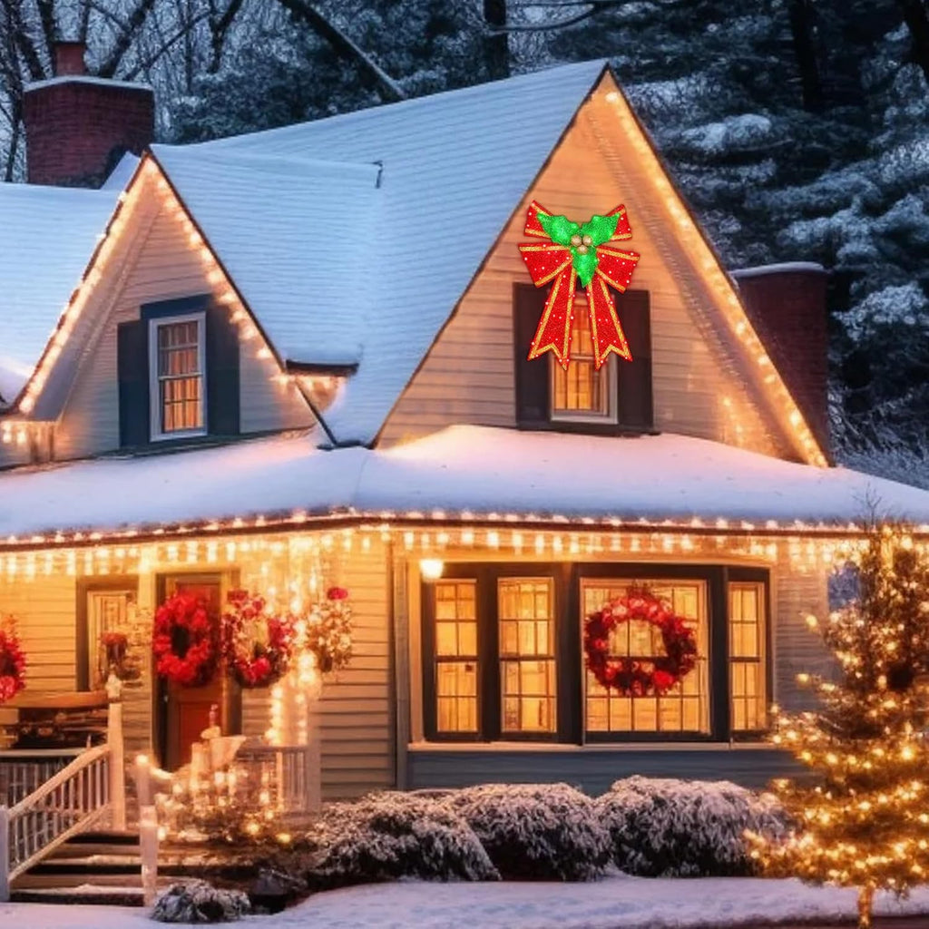 28in Pre-Lit Christmas Bow Decoration, Large Outdoor LED Holiday Yard Deco, Red and Green with Gold Accents, Pre-lit Holiday Door Wreath Topper,16Light Functions, Timer, Hook