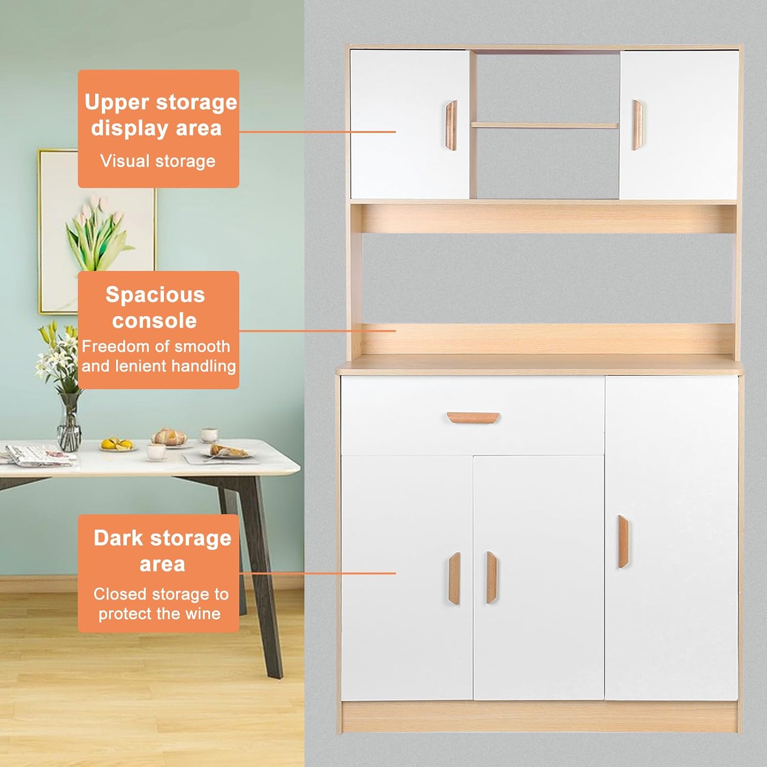 Freestanding Kitchen Pantry Cabinet, Hutch Cabinet with Storage, Tall Sideboard Buffet Cabinet with Doors and Shelves, Microwave Shelf, Wooden Coffee Bar Cabinet for Living Room, Dining Room