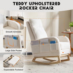 Rocking Chair Nursery with Foot Rest, Sherpa Nursing Rocking for Mom Nursery Rocker Chair with High Backrest, Armchair Rocker Glider with Side Pocket for Living Room, Bedroom, Teddy White