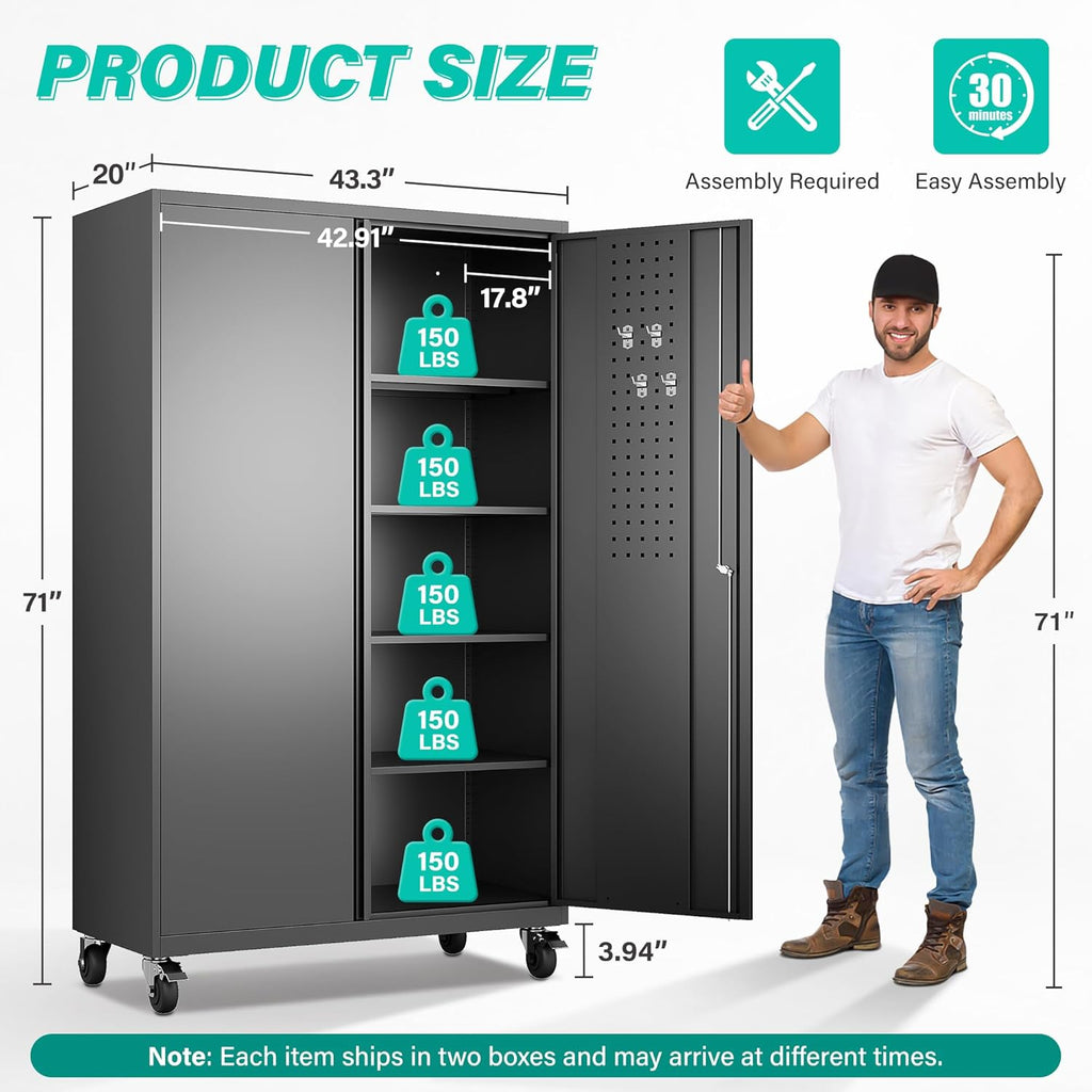 SISESOL Wide & Deep Metal Storage Cabinet with Wheels,Tall Rolling Garage Storage Cabinet with Lock,Black Metal Cabinets with Pegboards and Shelves,Tool Locker for Garage,Home,Office,43''Wx 20''Dx71"H
