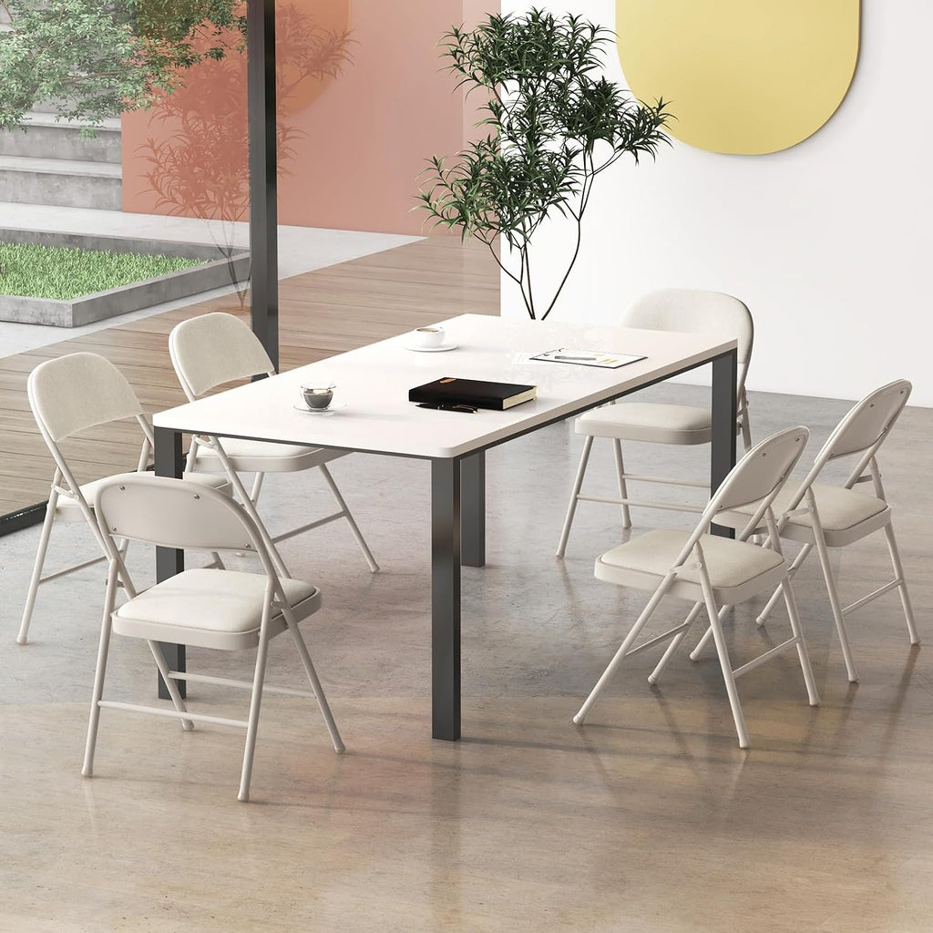 GOFLAME 6 Pack Folding Chairs, Fabric Dining Chair Set with Padded Seat & Metal Frame, Indoor Outdoor Upholstered Commercial Seat for Home Office Events Wedding Party, Beige