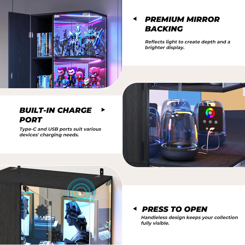 VersionTECH. Glass Display Cabinet with RGB Lights, 5-Tier Curio Cabinets with Glass Doors for Collectibles, Display Case with Adjustable Shelves, Human Sensor, Charging Station, Mirror Backing, Black