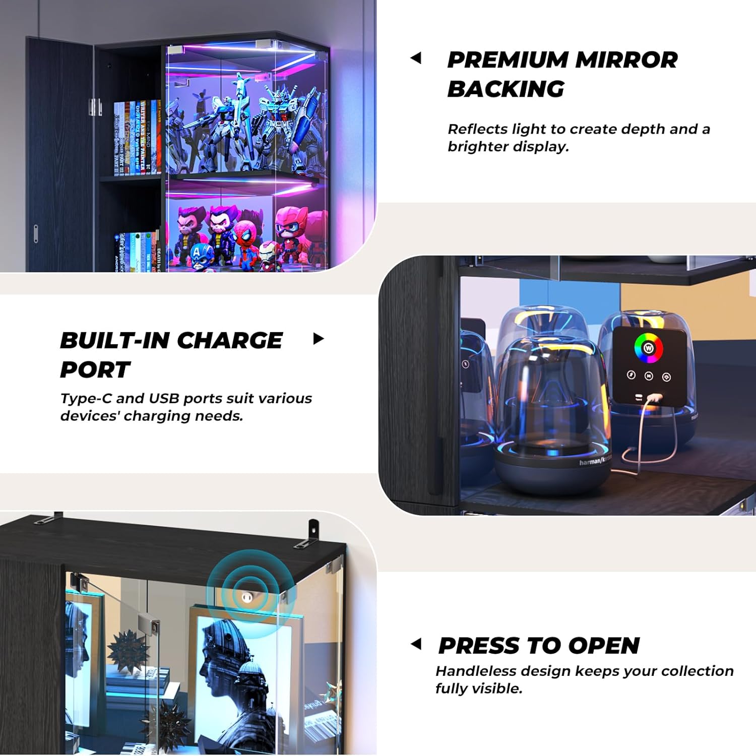 VersionTECH. Glass Display Cabinet with RGB Lights, 5-Tier Curio Cabinets with Glass Doors for Collectibles, Display Case with Adjustable Shelves, Human Sensor, Charging Station, Mirror Backing, Black