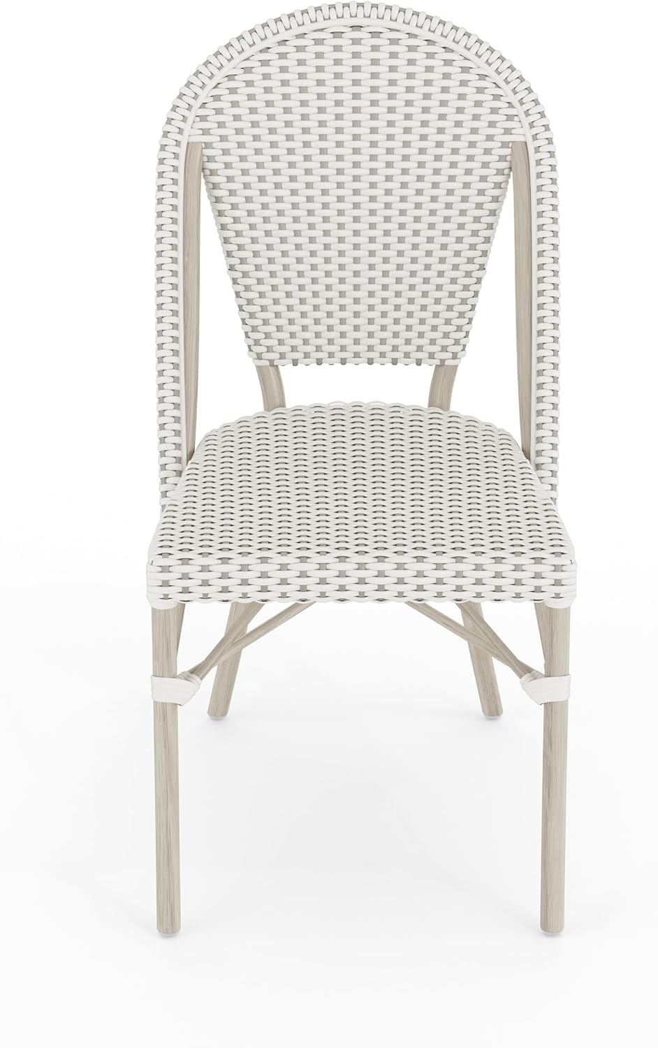 Martha Stewart Lily Pond Indoor-Outdoor Stackable Aluminum Bistro Chair with Gray Woodgrain Frame Finish and White/Gray Woven Rattan Backrest and Seat