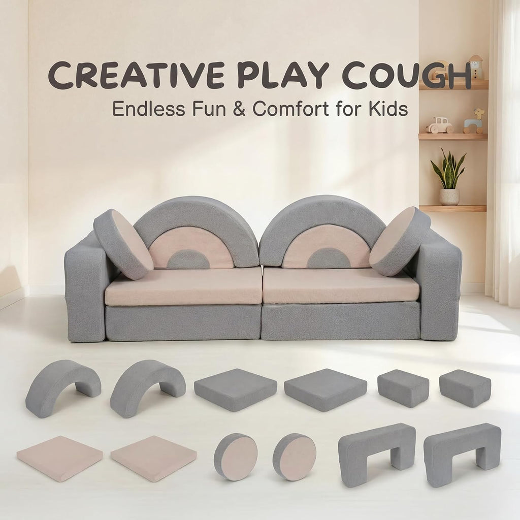 14pcs Modular Kids Play Couch, Child Sectional Sofa, Fortplay Bedroom and Playroom Furniture for Toddlers, Convertible Foam and Floor Cushion for Boys and Girls