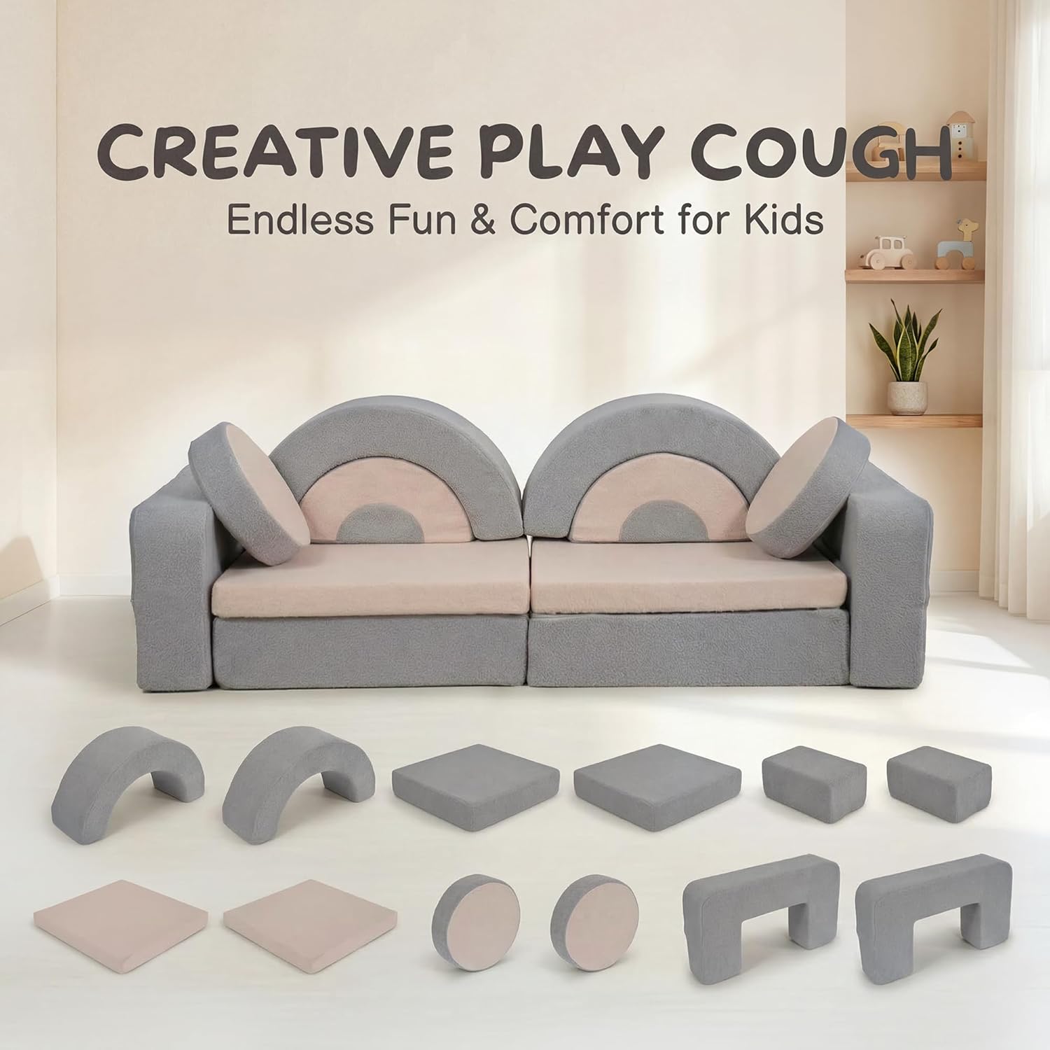 14pcs Modular Kids Play Couch, Child Sectional Sofa, Fortplay Bedroom and Playroom Furniture for Toddlers, Convertible Foam and Floor Cushion for Boys and Girls