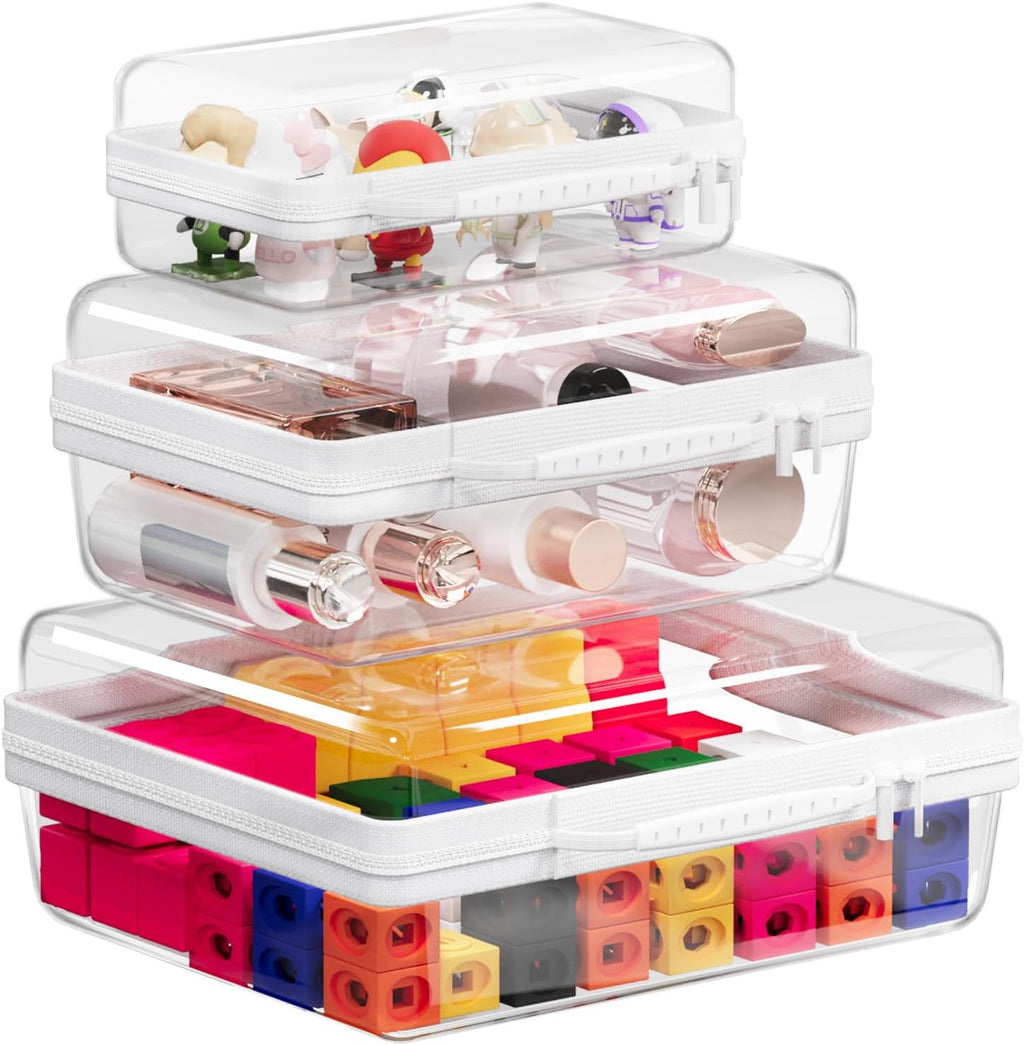 3PCS Clear Hard Shell Zipper Case, Portable Storage Box for Makeup, Toiletry, Travel, Durable and Waterproof Storage Bins, Grade Plastic Zipper Case, Cosmetic Bag (White)