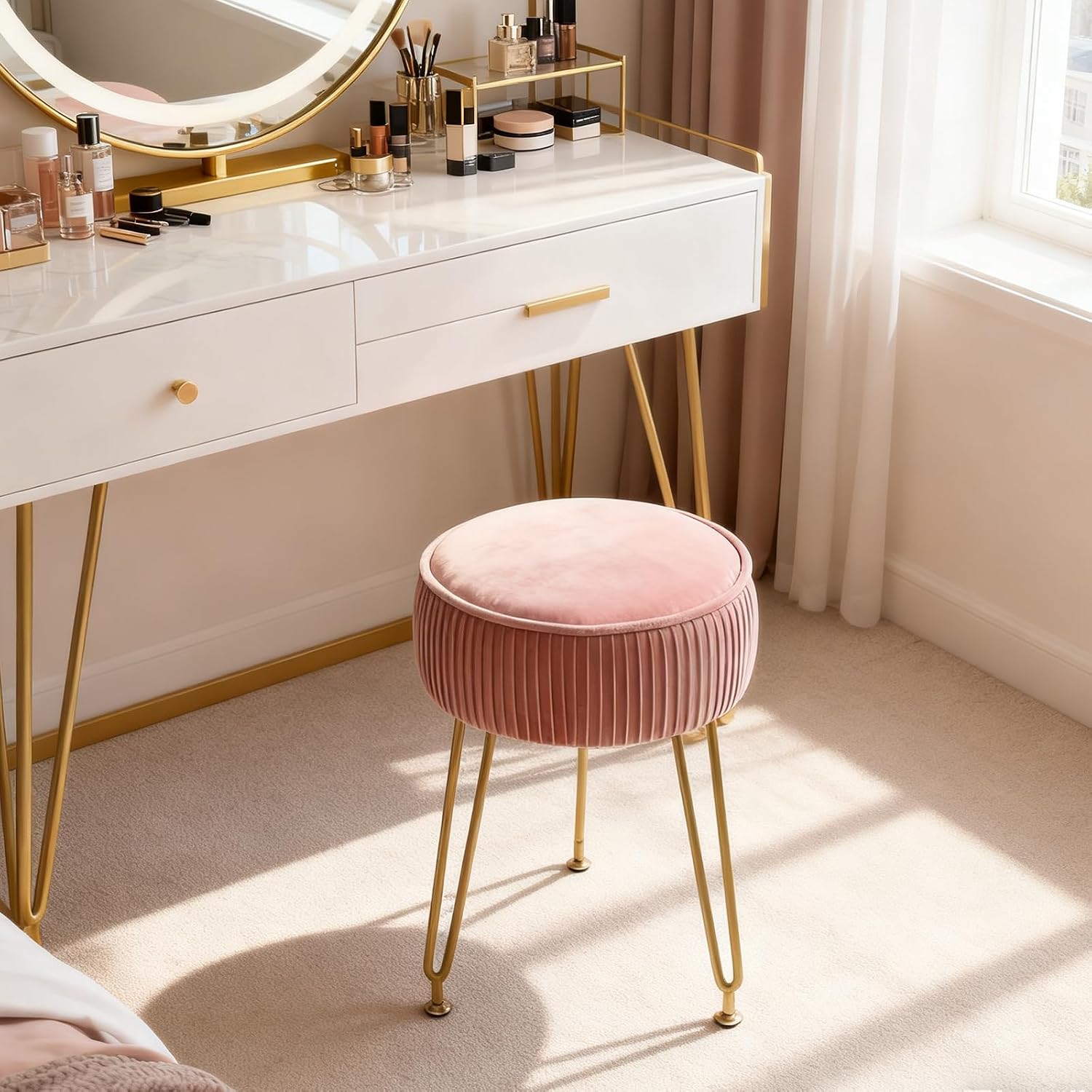 Vanity Chair,Velvet Ottoman Stool with Round Seat,Plush Cushioned Vanity Chair,Sturdy Gold Metal Legs for Bedroom and Dressing Table,Pink