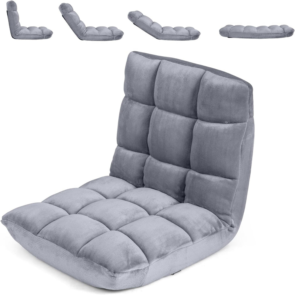COSTWAY Floor Chair, 14 Positions Adjustable Floor Gaming Chair with Back Support, Flannel Fabric, Folding Floor Seating Lounger for Adults &Kids, Living Room (Grey)