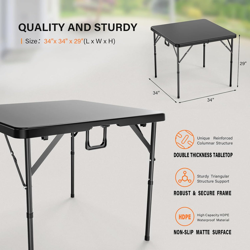 VINGLI 34" Fold in Half Square Table, Bi-Folding Commercial Portable Plastic Dining Table for Kitchen Outdoor Party Wedding Event, Black