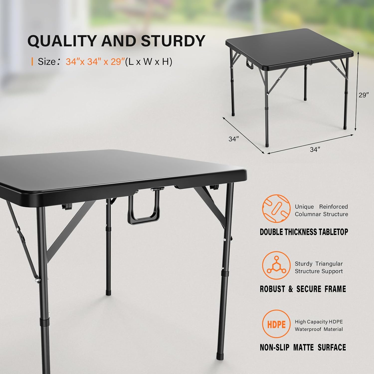 VINGLI 34" Fold in Half Square Table, Bi-Folding Commercial Portable Plastic Dining Table for Kitchen Outdoor Party Wedding Event, Black
