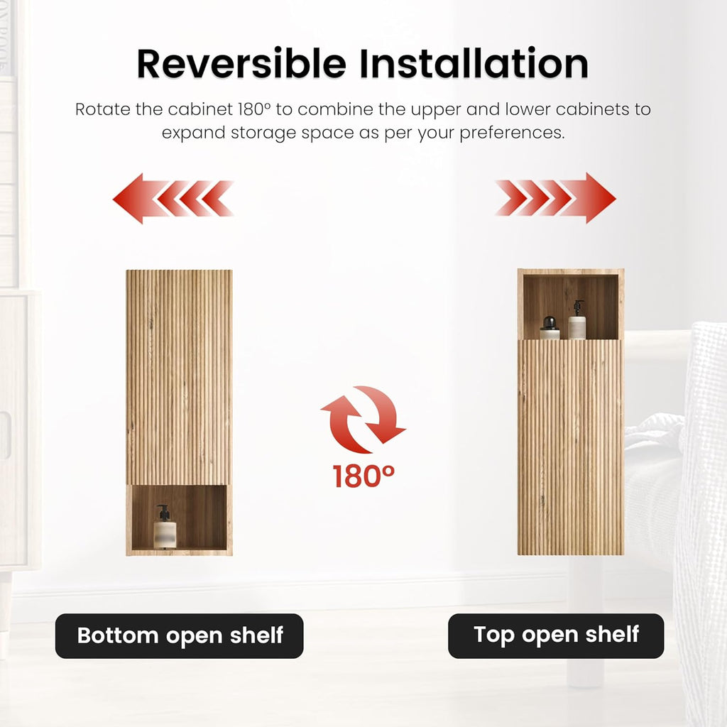 12" Floating Bathroom Storage Cabinet, Modern Bathroom Wall Cabinets with Soft-Closing Door & Open Shelf, Bathroom Side Cabinet for Small Spaces, Apartment, Rough Oak