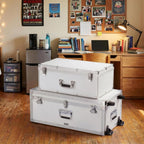 VEVOR Storage Trunk, Set of 2, Wooden Suitcase Storage Boxes with Padlocks, Large Trunk Includes Casters and 3 Metal Handles, Decorative Store Chest with Lids for Travel, Apartment, Dorm, White