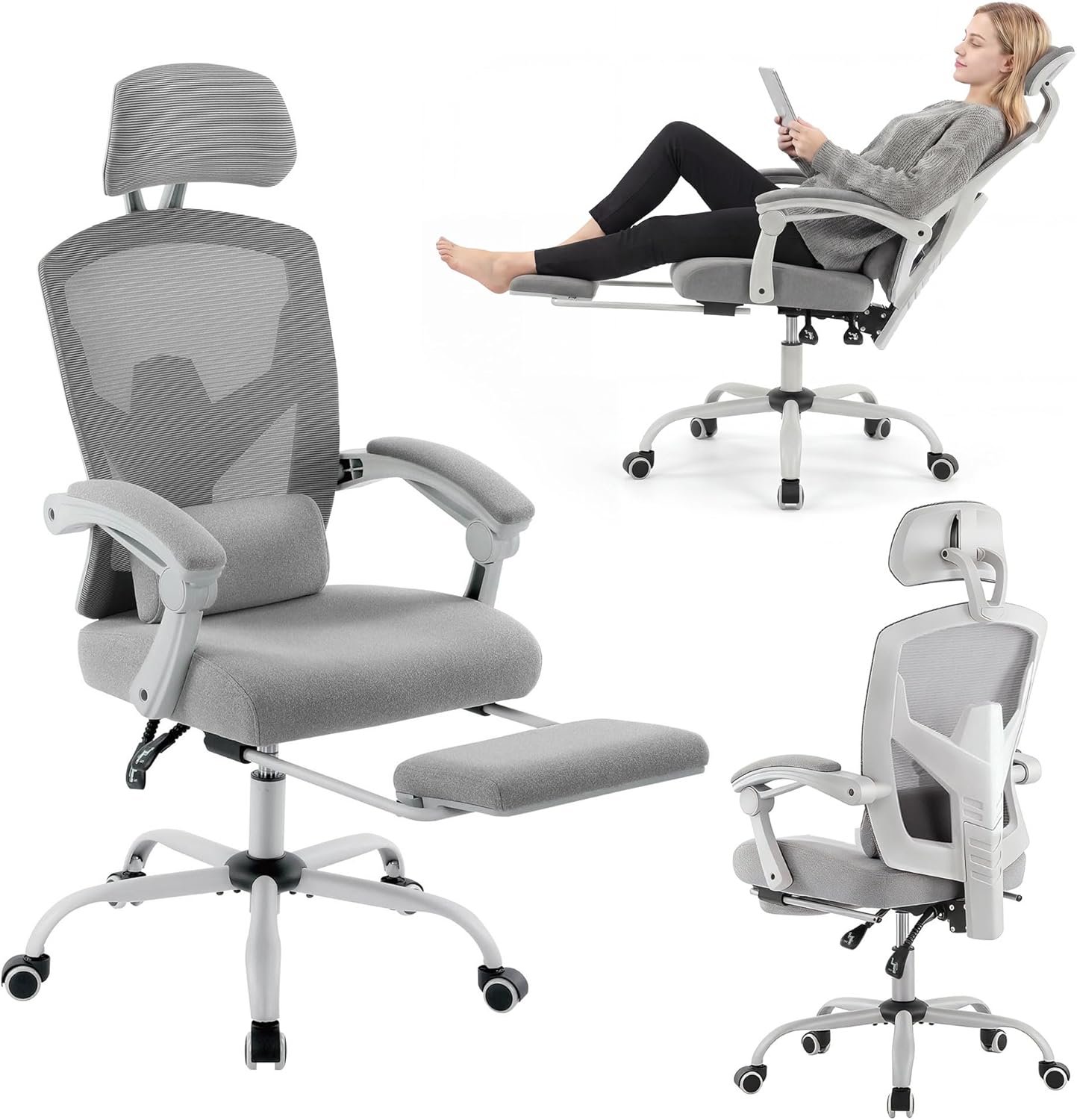 Ergonomic Office Chair with Footrest, Comfortable Desk Chair Gaming Chair with Leg Rest, Swivel Mesh Desk Chair with Headrest and Lumbar Support for Home, Office, Work, Study, Grey