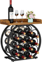 X-cosrack 14-Bottle Countertop Wine Rack with Wooden Tabletop, Freestanding Round Metal Wine Bottle Organizer and Display Stand for Kitchen, Pantry, Home Bar and Cabinet