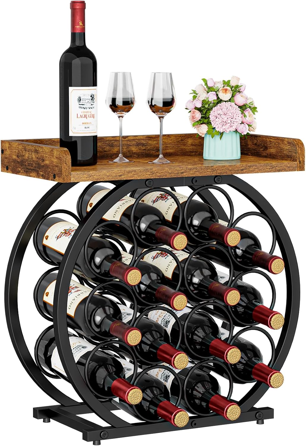 X-cosrack 14-Bottle Countertop Wine Rack with Wooden Tabletop, Freestanding Round Metal Wine Bottle Organizer and Display Stand for Kitchen, Pantry, Home Bar and Cabinet