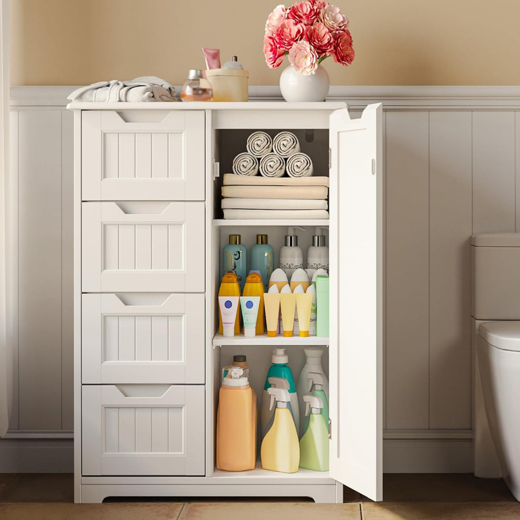 Gizoon Small Pantry Storage Cabinet with Door and Shelves, 33'' Kitchen Pantry Freestanding Wooden Bathroom Storage Cabinet with 4 Drawers for Kitchen and Dining Room, White, Painted