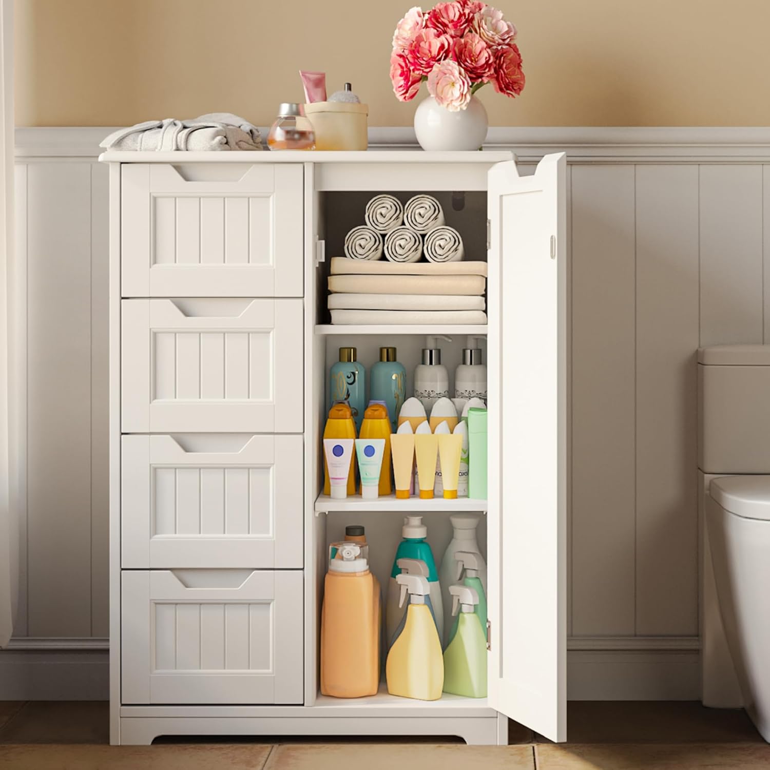 Gizoon Small Pantry Storage Cabinet with Door and Shelves, 33'' Kitchen Pantry Freestanding Wooden Bathroom Storage Cabinet with 4 Drawers for Kitchen and Dining Room, White, Painted