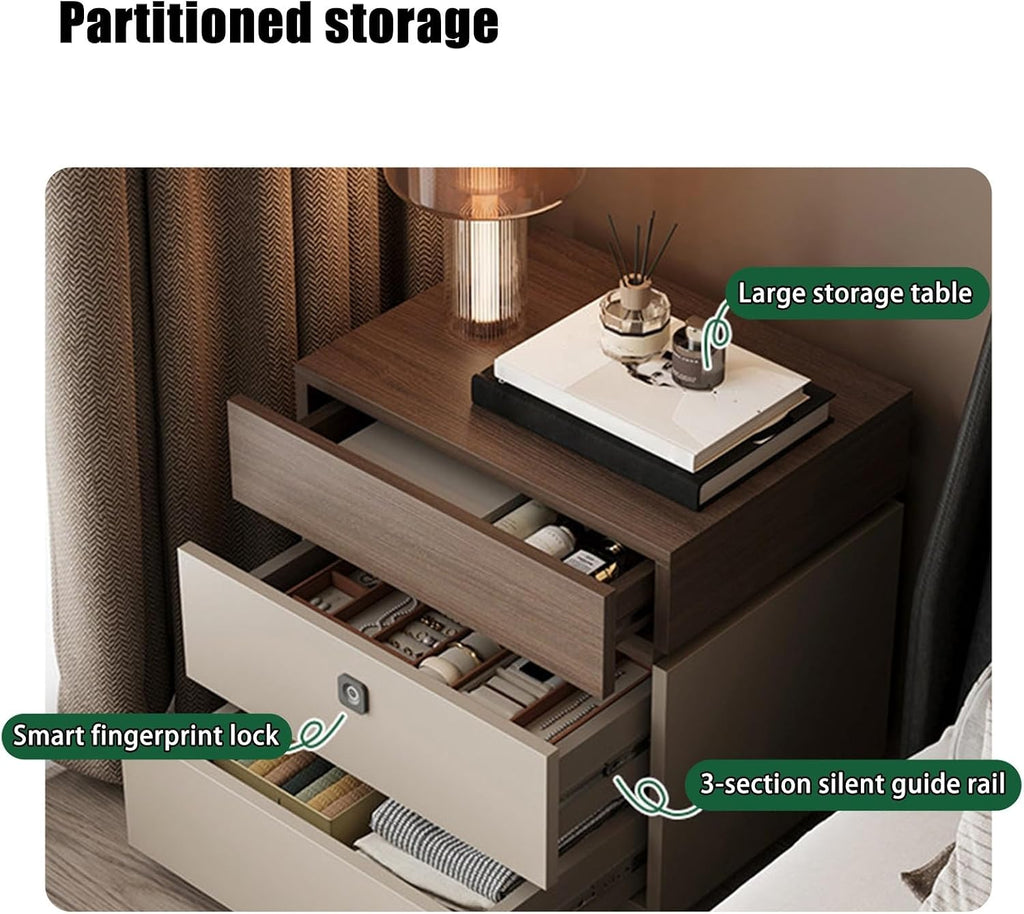 Fingerprint Lock Bedside Table with Drawers, Bed end Table with Drawer, Modern Nightstand with 3 Drawers, Bedside Cabinet for Living Room/Bedroom(Black-A2,15.7 * 15.7 * 19.6in)