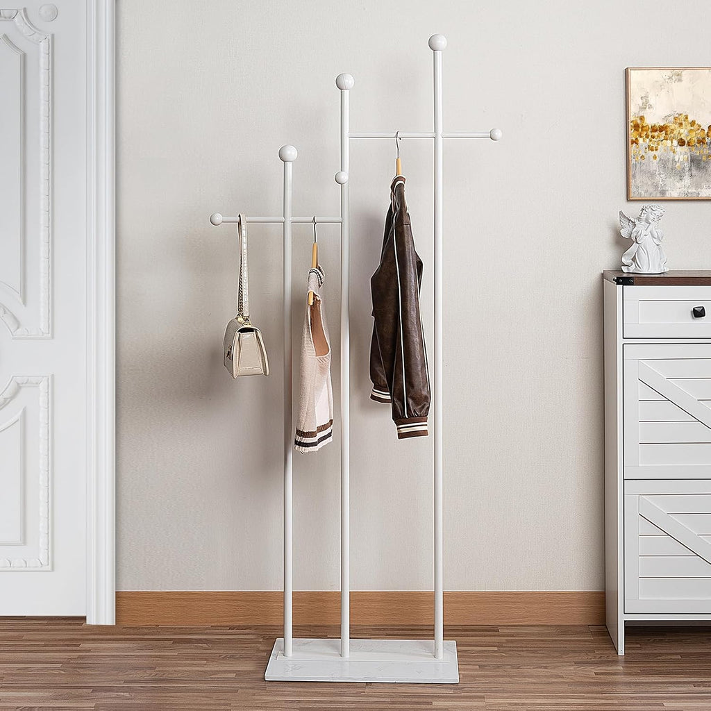 JIAYUEJU Standing Coat Rack for Bedroom 19.69 x 11.02 x 68.9 in (White) | Heavy Duty, Space Saver, Metal Frame, Marble Base, Essential Items Organizer for Clothes Bags, for Living Room Hotel Entryway
