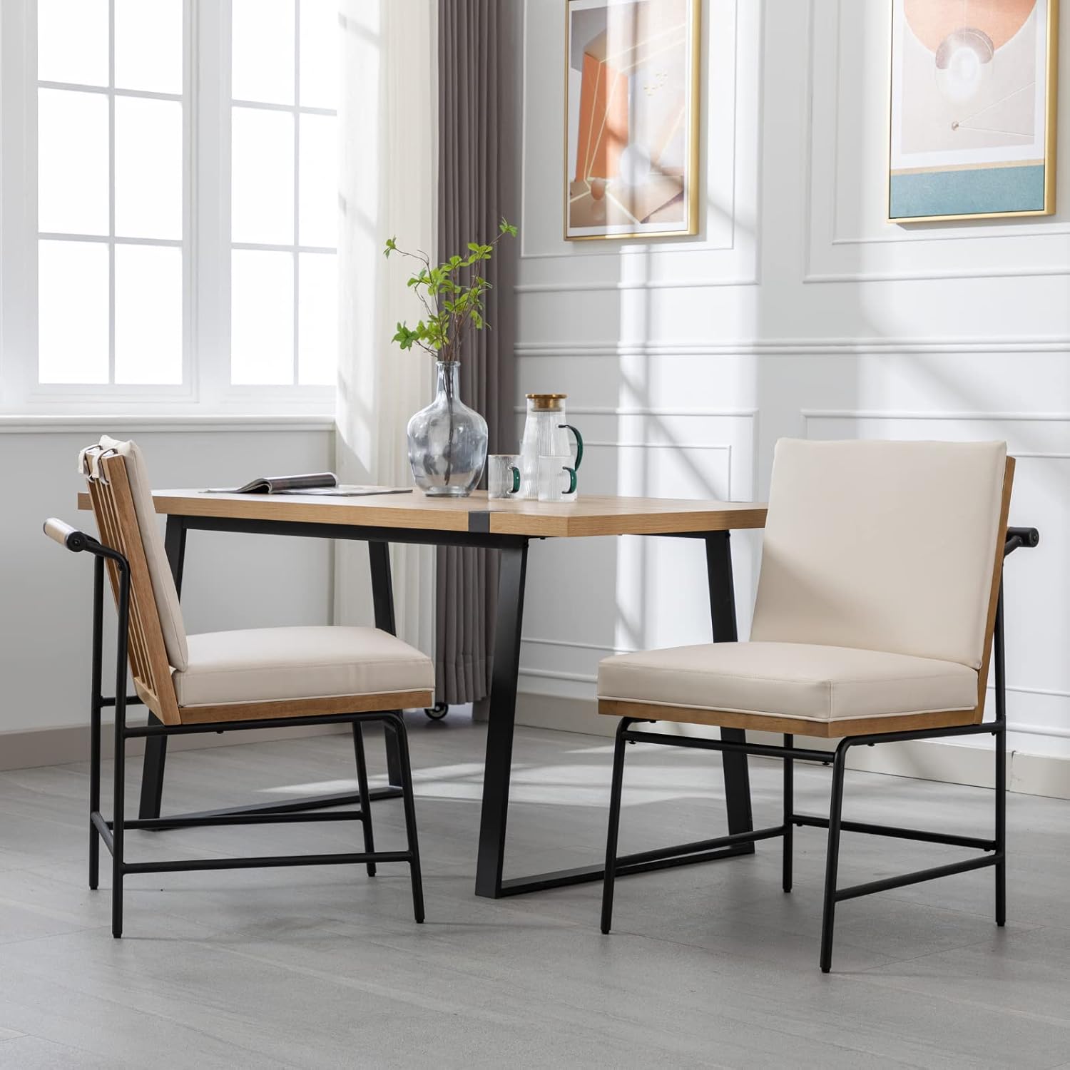 HEAH-YO Modern Dining Chairs Set of 2, Upholstered PU Leather Dining Room Chairs with Backrests, Armless Side Chair for Kitchen, Beige