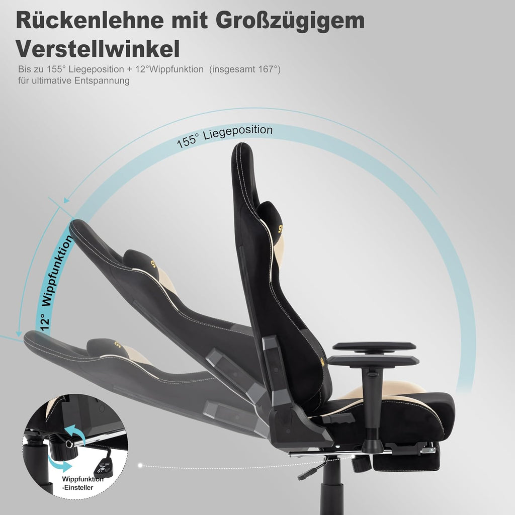 Symino Gaming Chair, Two-Tone Design, Wraparound Seat, Lumbar & Head Support, 150° Tilt, Class 3 SGS Gas, 330 lbs (Faux Suede, Black Beige)