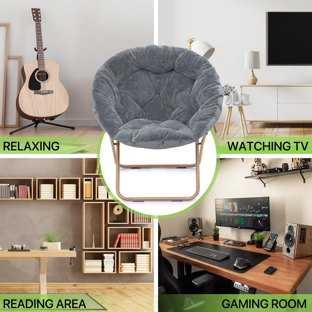 Magshion Folding Saucer Chair for Adults with Ottoman, Circle Reading Chair for Bedroom, Living Room & Dorm, Furry Comfy Accent Seat with Metal Leg & Thick Padded for Small Spaces (Grey, 2 Pack)