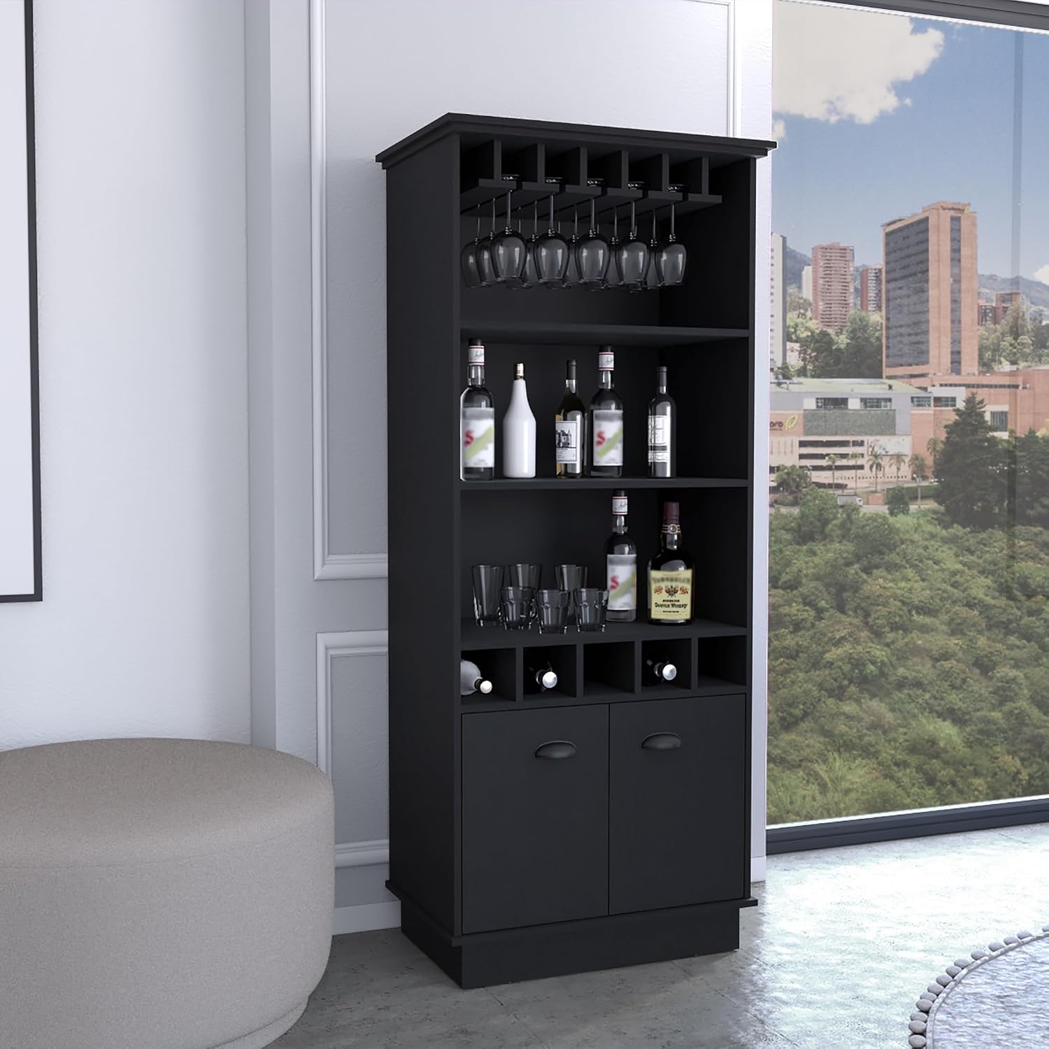 70-Inch High 10-Glass Bar Cabinet with 5 Cubbies and 3 Open Shelves and Cabinet ﻿,for Kitchen