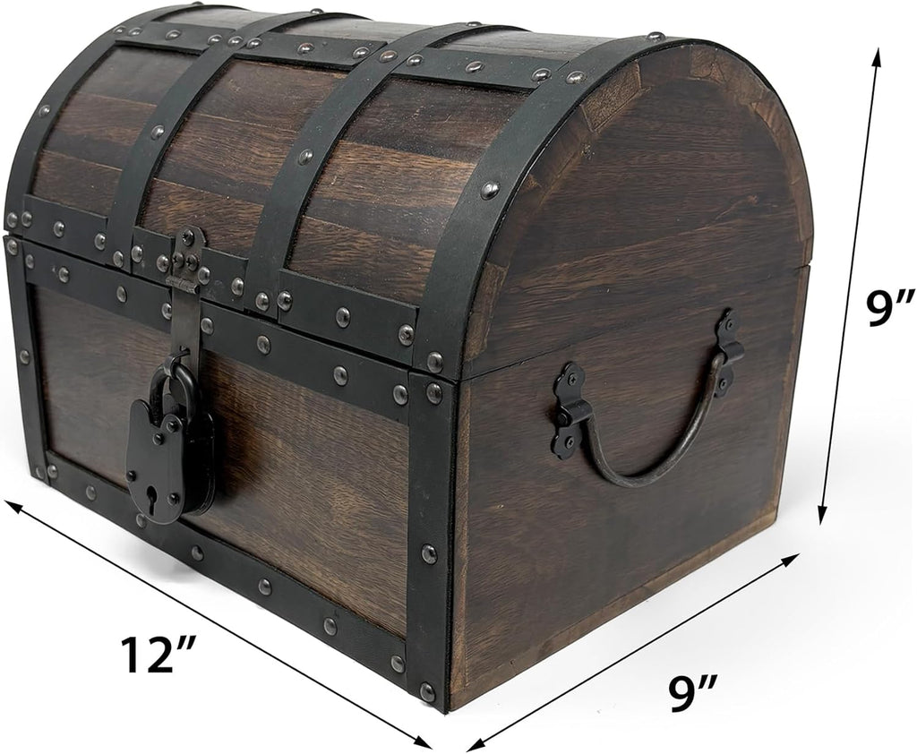 Nautical Cove Handmade Wooden Treasure Chest Storage Box – Deluxe Design with Real Leather Accents, Working Iron Lock & Skeleton Keys, Decorative Keepsake Chest (Large - 12 × 9 × 9")