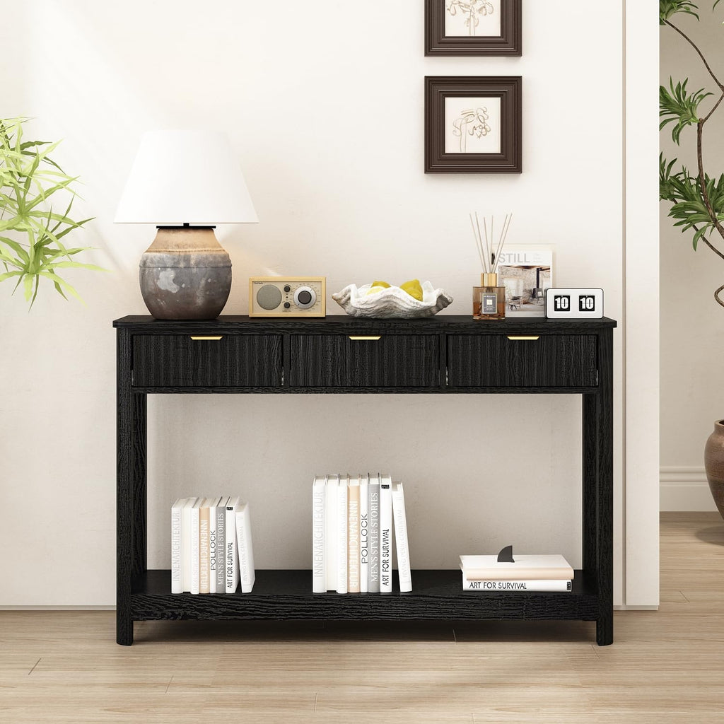 RUSTOWN Fluted Wood Console Table with 3 Drawers, Boho Narrow Behind Couch Entryway Table with Open Storage Shelf, Modern Sofa Table for Living Room, Foyer and Hallway (Black)