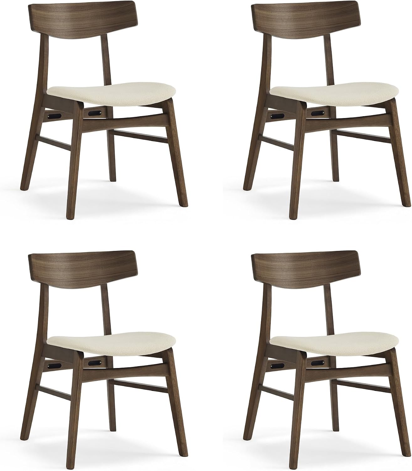 KISLOT Wooden Dining Chairs Set of 4, Upholstered Modern Dining Room Chairs, Mid Century Oak Kitchen Chairs with Curved Wood Backrest for Farmhouse, Restaurant, Café (Cream Fabric & Walnut Color)