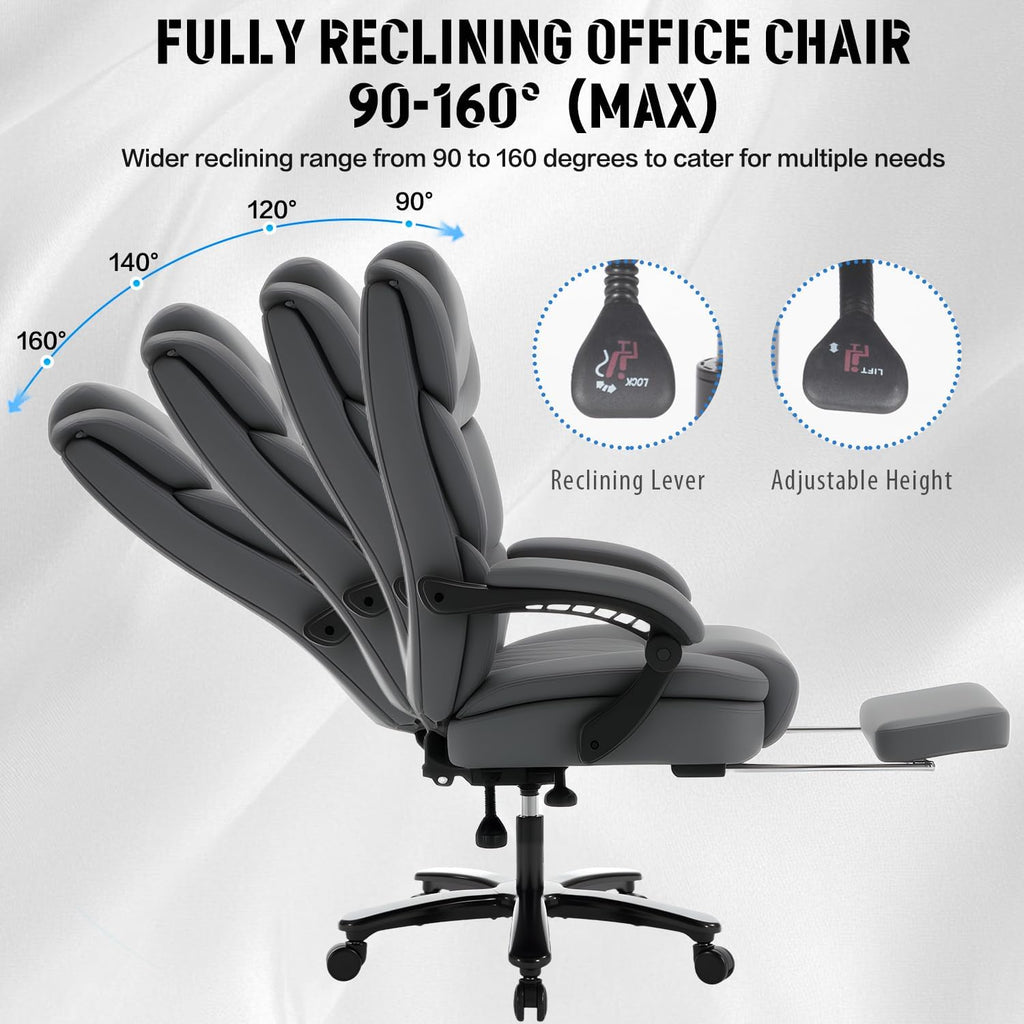 Reclining Office Desk Chair with Footrest Wide Seat Heavy Duty Desk Chair with Lumbar Support, 500lb Faux Leather Big Tall Office Chair with Leg Rest, Grey
