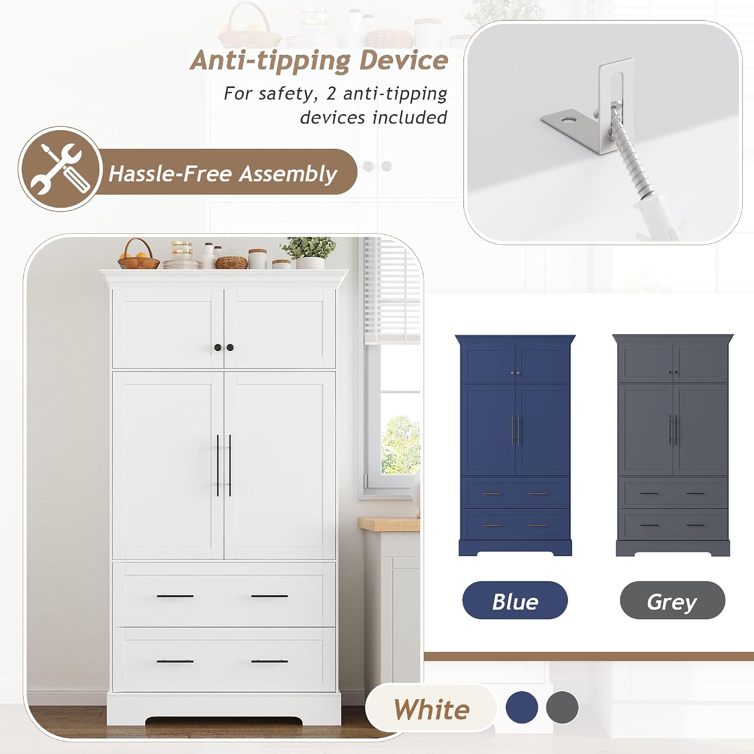 JIJIWANG 72.6" H Farmhouse Freestanding Kitchen Pantry Storage Cabinet with Drawers and Shelves, Buffet with Pull-Out Trays and Cake Pan Storage Organizer White