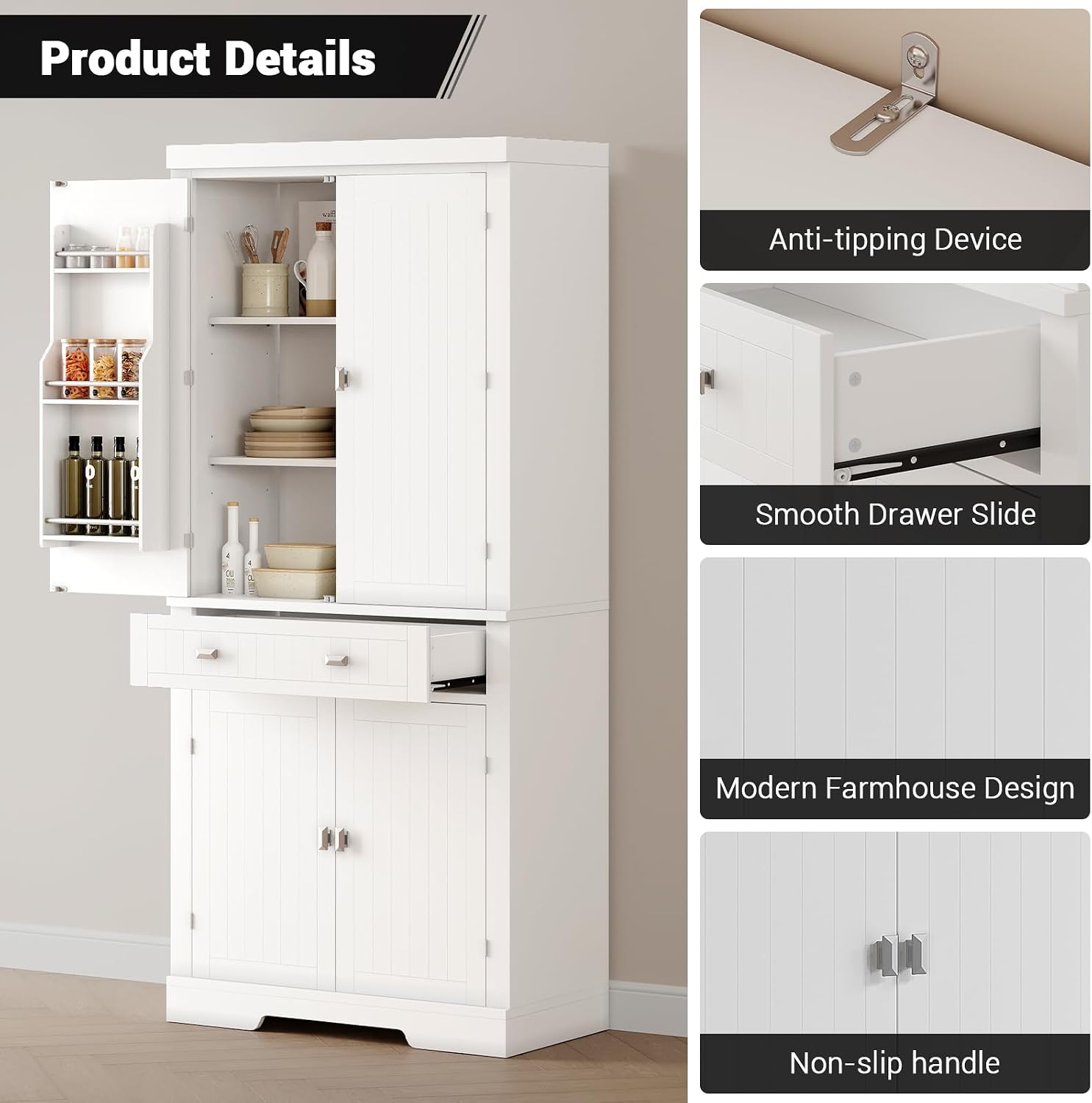 72 Inch Pantry Cabinet, Space-Saving Wood Kitchen Storage Cabinet with Drawer, Door Shelves & Adjustable Shelves, Modern White Cupboard for Dining Room Apartments