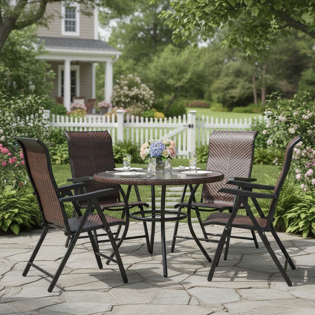 Tangkula Foldable Patio Wicker Dining Chairs Set of 4, Portable High Back Outdoor Wicker Chair with 5-Level Adjustable Backrest, No Assembly Reclining Chairs for Porch Deck Garden Balcony (4)