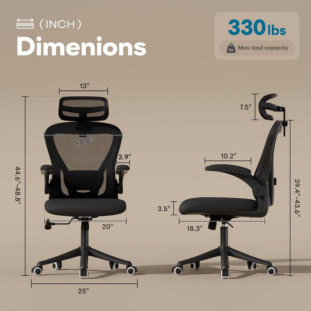 Ollega Ergonomic Office Chair with Memory Foam Seat, Computer Desk Chair | 3.5" Memory Foam Cushion, 3D Adjustable Headrest, Lumbar Support, Flip-Up Armrests, Breathable Mesh, 330LBS Weight Capacity