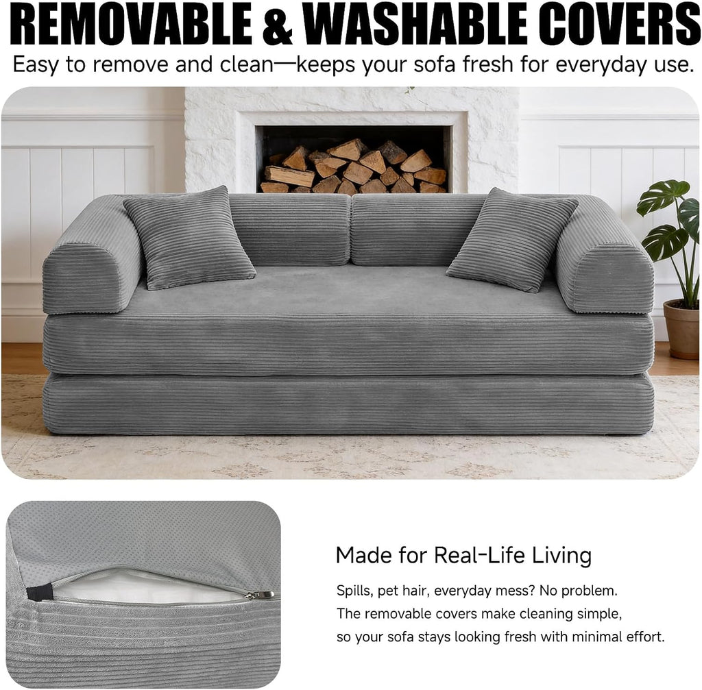 79'' Convertible Sofa Bed, Boneless Couch-in-a-Box, Corduroy Floor Futon Loveseat Sleeper, 26'' Deep Seat, Removable Machine-Wash Covers, No Assembly, 2 Pillows, Light Grey