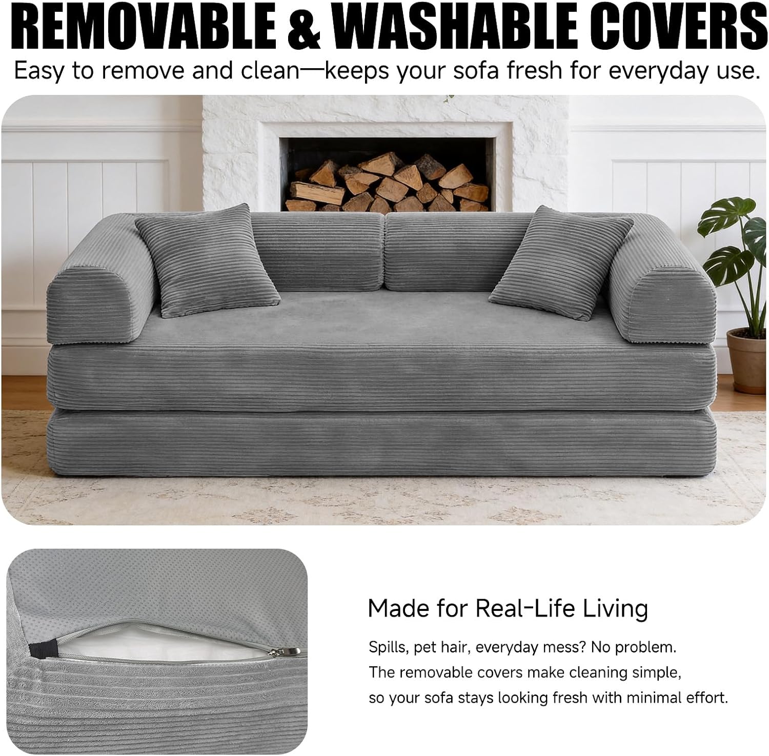 79'' Convertible Sofa Bed, Boneless Couch-in-a-Box, Corduroy Floor Futon Loveseat Sleeper, 26'' Deep Seat, Removable Machine-Wash Covers, No Assembly, 2 Pillows, Light Grey