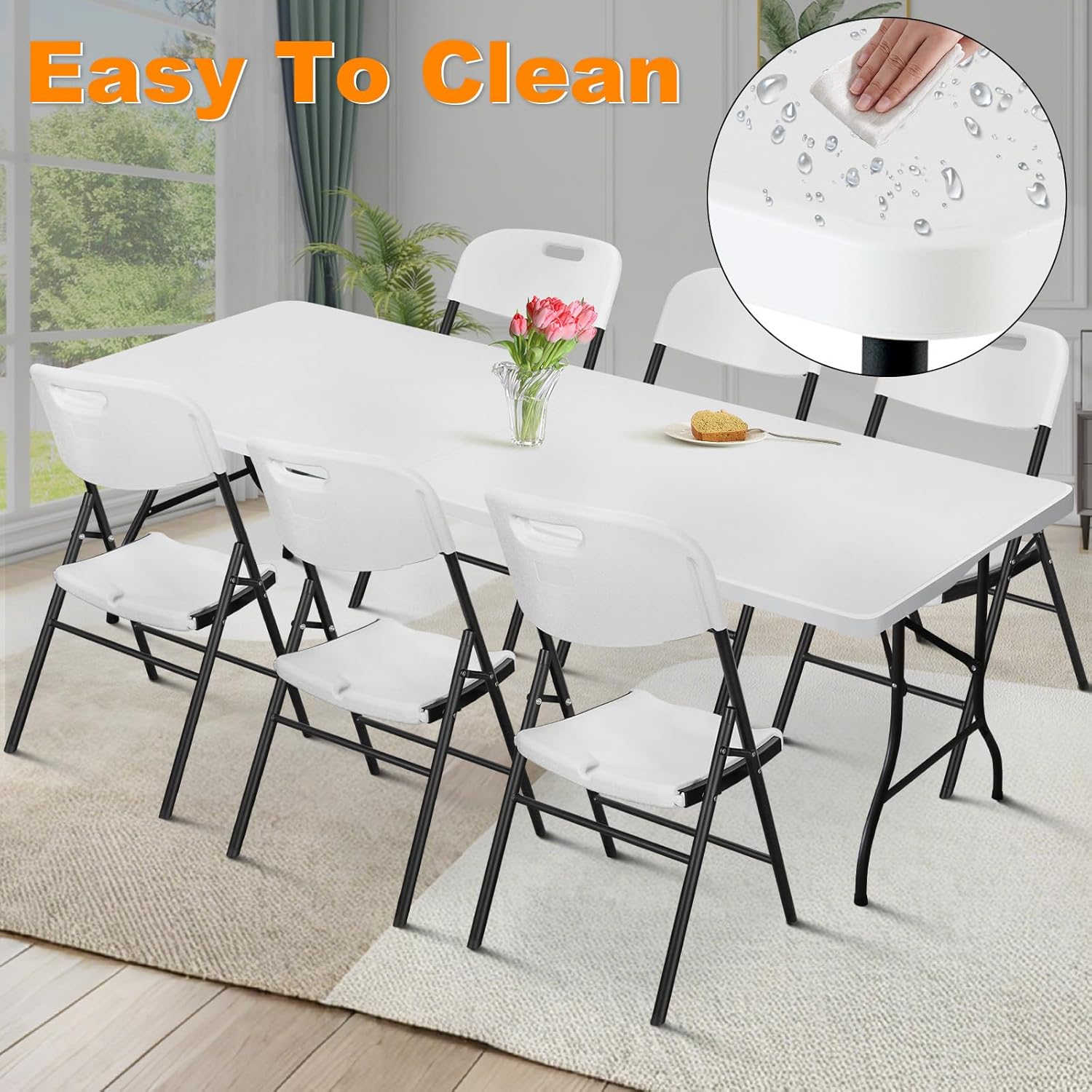 6ft Folding Table, Portable Heavy Duty Plastic Fold-in-Half Utility Table for Indoor/Outdoor Use, Dining, Camping, Picnic, Party, White