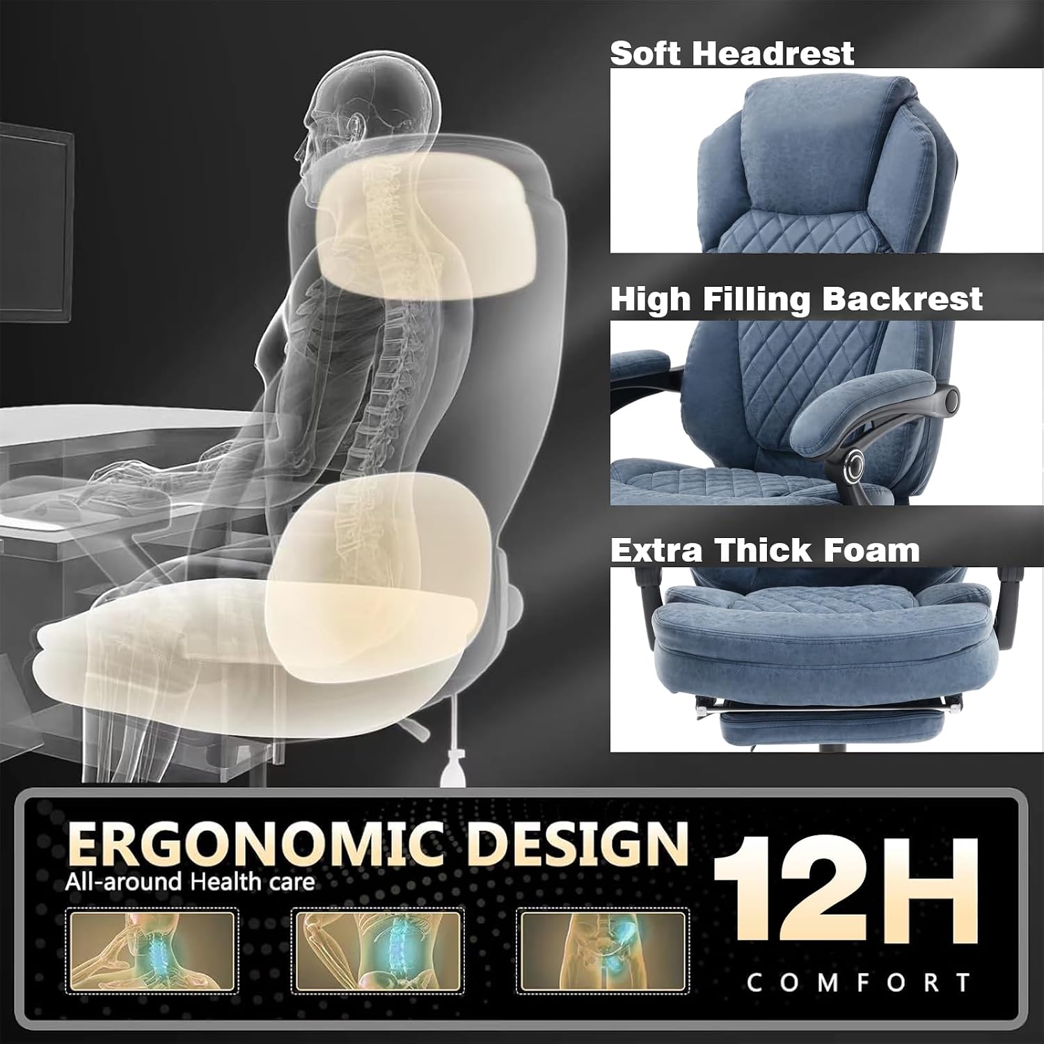 Fully Reclining Office Chair with Footrest, Mid Century Modern Faux Leather Blue Office Desk Chair with Foot Rest for Home Office