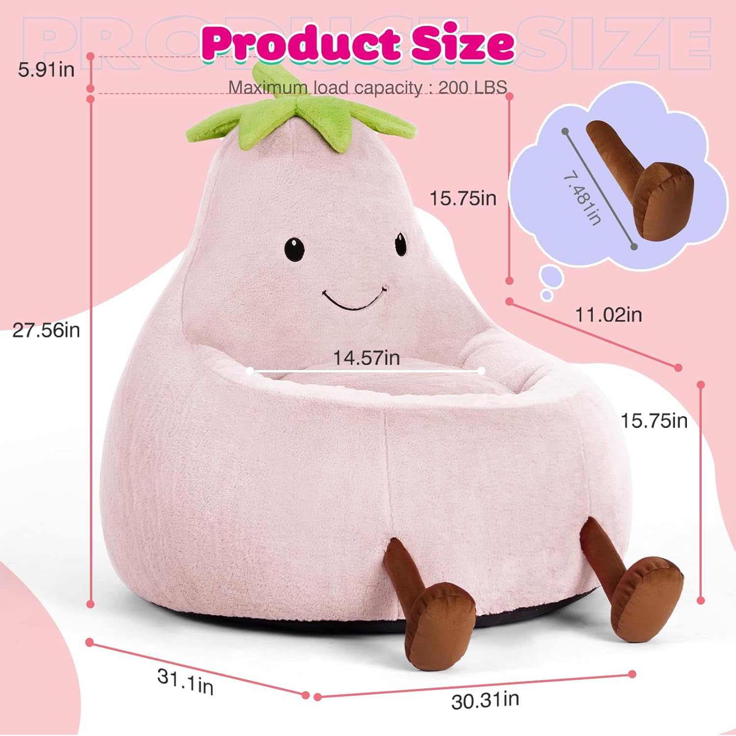 DUMOS Kids Bean Bag Chair, Stuffed Toddler Couch with Faux Rabbit Fur Cover for Teens & Kids, Comfy Lazy Sofa Chair for Reader, Living Room, Bedroom, Aged 4-12 Years, 31 Inch, Pink