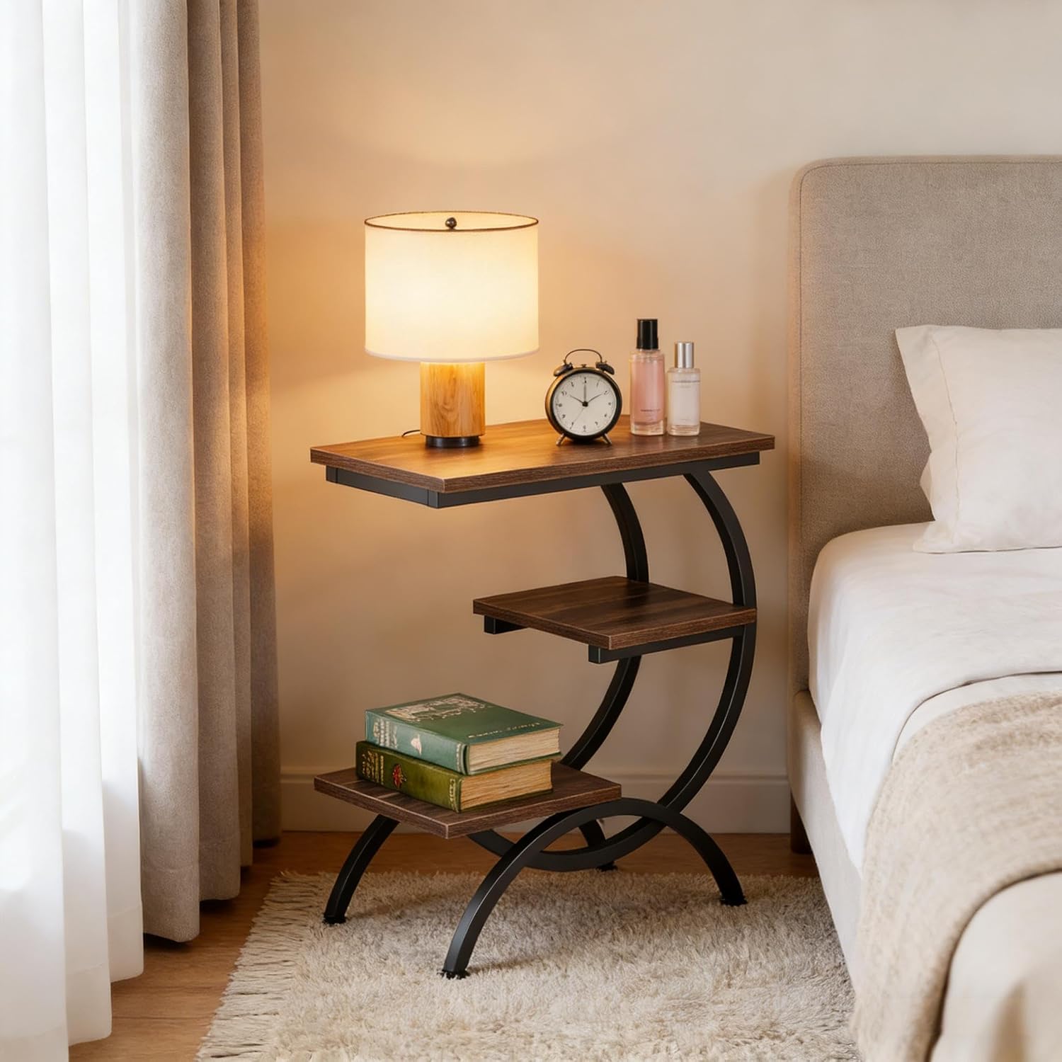 C-Shaped End Table, Narrow End Table with 3 Storage Shelves, 3-Tier Small Side Table for Couch, Wood Slim Snack Table with Black Metal Frame for Living Room Bedroom,Brown