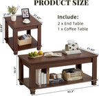 SAVOR LIFE Farmhouse Coffee Table Set of 3,Rustic Wooden Living Room Table Set,Large Coffee/End Side Tables with Open Shelf for Living Room,Walnut