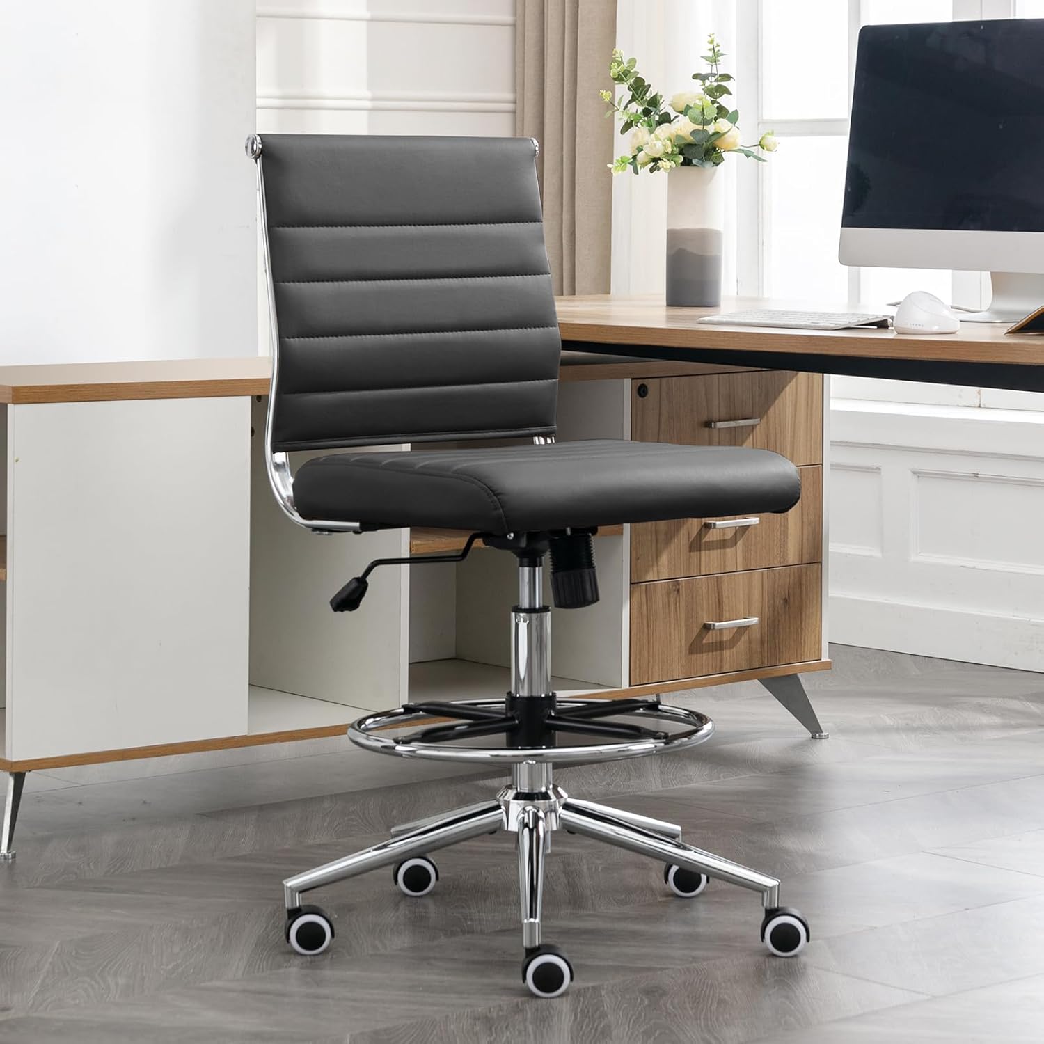 Okeysen Drafting Chair Armless Desk Stool, 400 LBS Ergonomic Leather Tall Office Chair with Adjustable Foot Ring, Modern Standing Desk Chair with Ribbed Mid Back, Swivel Rolling Drafting Stool.