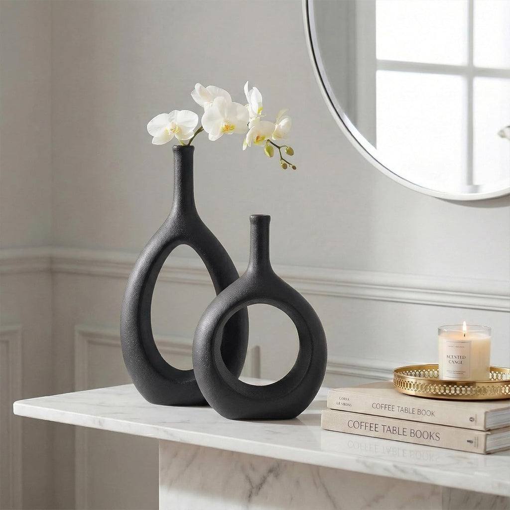 Black Ceramic Hollow Elliptical Vase Set of 2 - Boho Circle Vase with Hole, for Modern Black Table Decor, Living Room Decor Shelf mid Century Modern Home Entrance Decorative vase