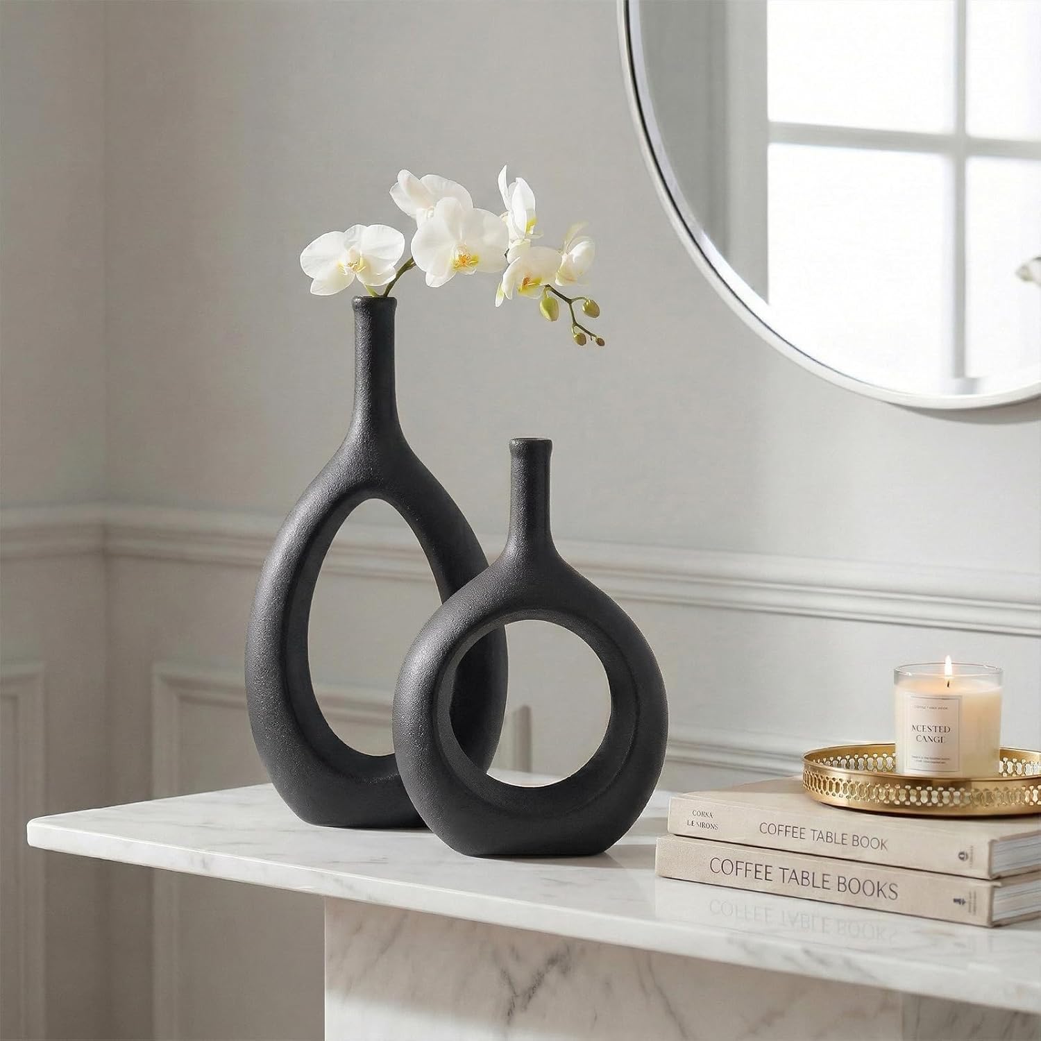 Black Ceramic Hollow Elliptical Vase Set of 2 - Boho Circle Vase with Hole, for Modern Black Table Decor, Living Room Decor Shelf mid Century Modern Home Entrance Decorative vase