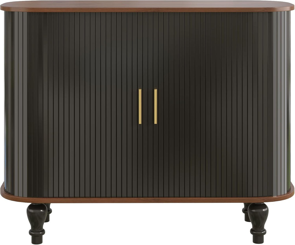 LUMISOL 39" Mid-Century Modern Fluted Wine Bar Cabinet, Wine and Coffee Bar Cabinet with 6-Bottle Wine Rack and 3 Glass Holders, Large Storage Drawer and Side Hidden Storage, Black